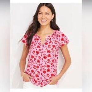 Vineyard Vines Rock Rose Pink Red Floral Tea Rose Ruffle Sleeves Womens Top EUC
